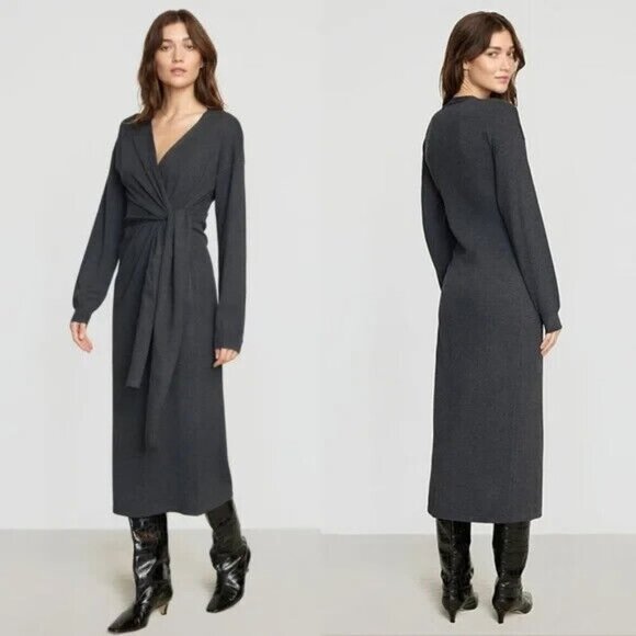Modern Citizen Charcoal Gray Lenese Front Wrap Tie Midi Sweater Dress Size Small - Picture 1 of 10